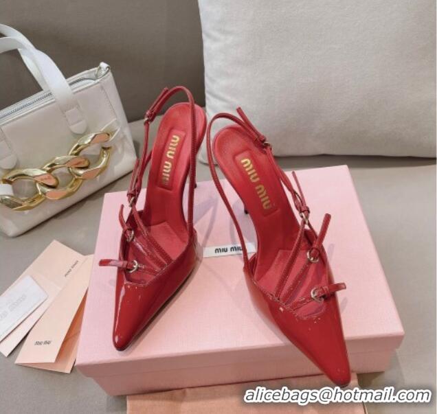 Classic Hot Miu Miu Patent leather slingbacks Pumps 10.5cm with buckles Red 129059