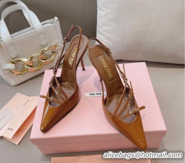 Cheap Price Miu Miu Patent leather slingbacks Pumps 10.5cm with buckles Brown 129061