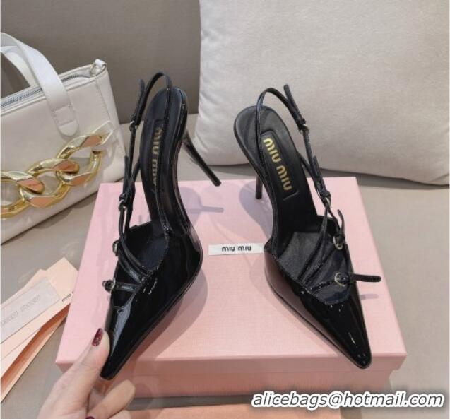 Perfect Miu Miu Patent leather slingbacks Pumps 10.5cm with buckles Black 129064