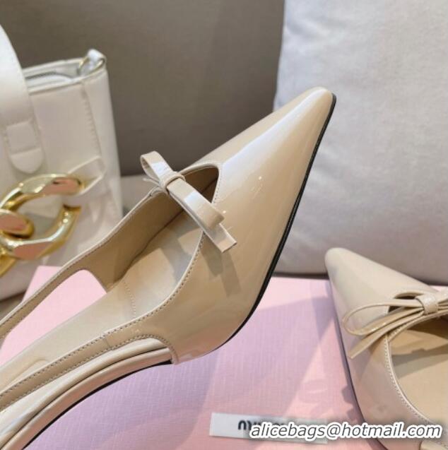 Top Grade Miu Miu Patent Leather Slingback Pumps 5.5cm with Bow Nude 129065