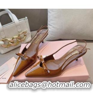 Unique Style Miu Miu Patent Leather Slingback Pumps 5.5cm with Bow Brown 129068