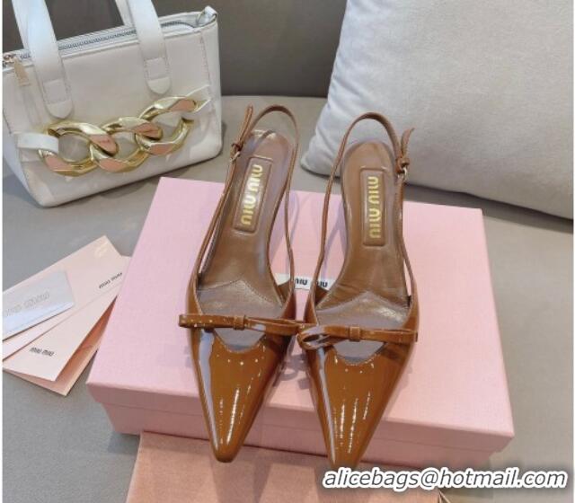 Unique Style Miu Miu Patent Leather Slingback Pumps 5.5cm with Bow Brown 129068