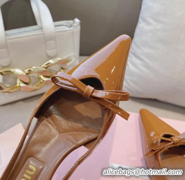 Unique Style Miu Miu Patent Leather Slingback Pumps 5.5cm with Bow Brown 129068