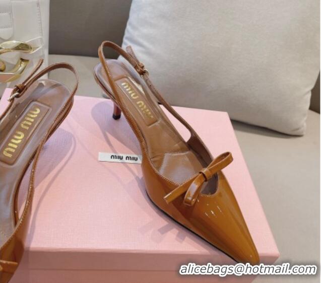 Unique Style Miu Miu Patent Leather Slingback Pumps 5.5cm with Bow Brown 129068