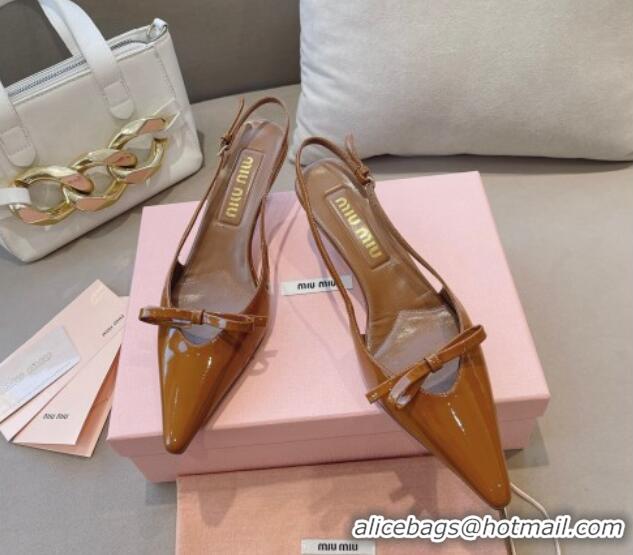 Unique Style Miu Miu Patent Leather Slingback Pumps 5.5cm with Bow Brown 129068