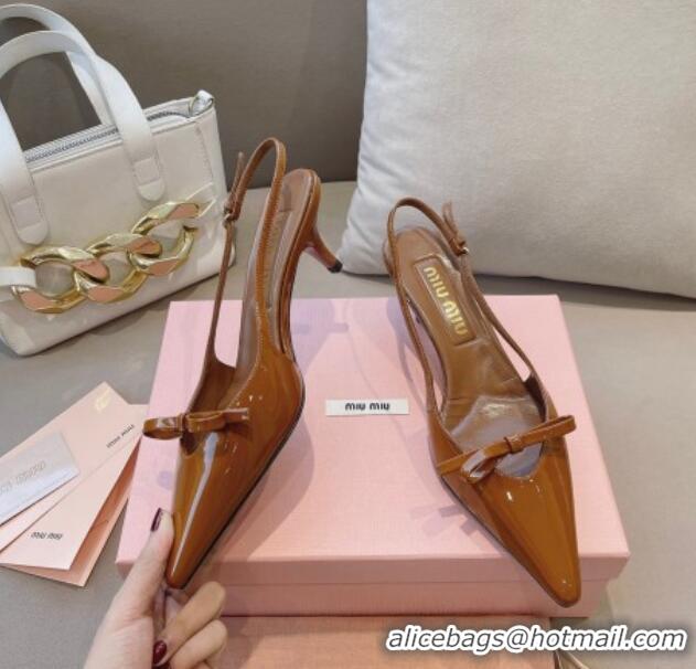 Unique Style Miu Miu Patent Leather Slingback Pumps 5.5cm with Bow Brown 129068