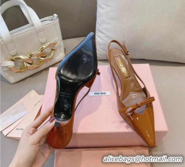 Unique Style Miu Miu Patent Leather Slingback Pumps 5.5cm with Bow Brown 129068