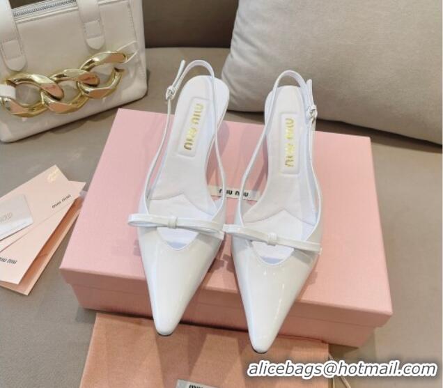 Luxurious Miu Miu Patent Leather Slingback Pumps 5.5cm with Bow White 129069