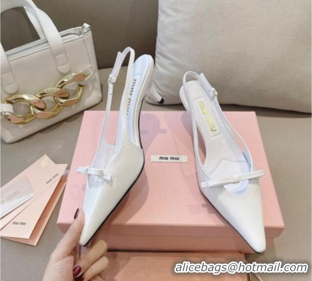 Luxurious Miu Miu Patent Leather Slingback Pumps 5.5cm with Bow White 129069