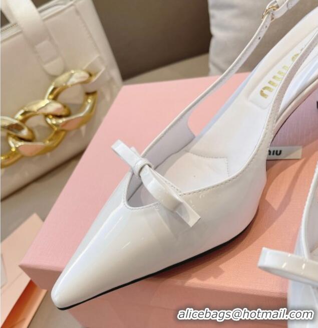 Luxurious Miu Miu Patent Leather Slingback Pumps 5.5cm with Bow White 129069