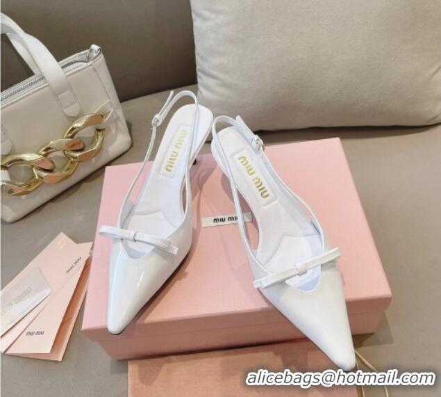 Luxurious Miu Miu Patent Leather Slingback Pumps 5.5cm with Bow White 129069