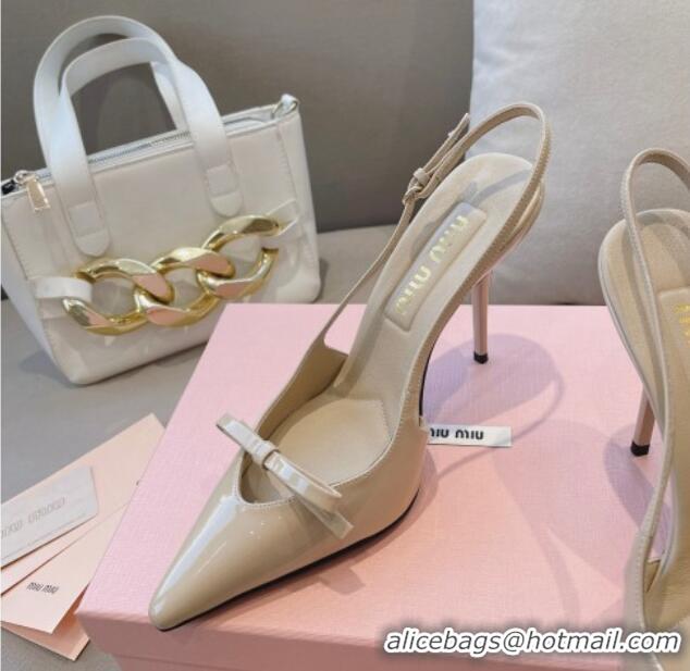 Popular Style Miu Miu Patent Leather Slingback Pumps 10.5cm with Bow Nude 0129071