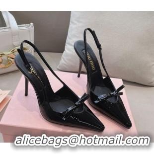 Good Quality Miu Miu Patent Leather Slingback Pumps 10.5cm with Bow Black 129072