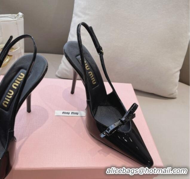 Good Quality Miu Miu Patent Leather Slingback Pumps 10.5cm with Bow Black 129072