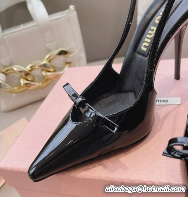 Good Quality Miu Miu Patent Leather Slingback Pumps 10.5cm with Bow Black 129072