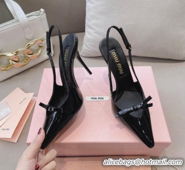 Good Quality Miu Miu Patent Leather Slingback Pumps 10.5cm with Bow Black 129072