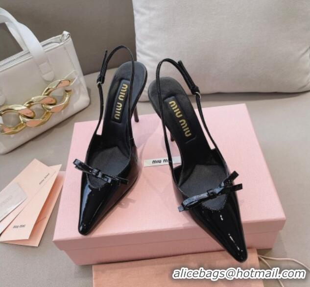 Good Quality Miu Miu Patent Leather Slingback Pumps 10.5cm with Bow Black 129072