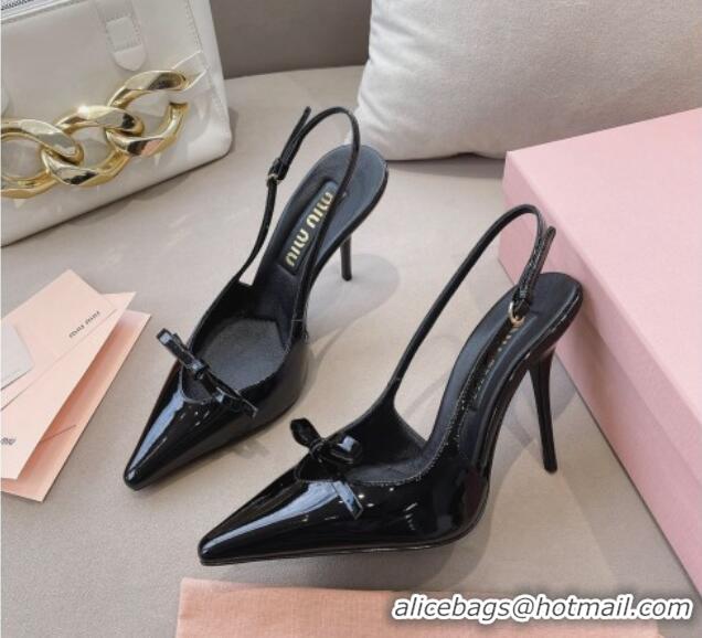 Good Quality Miu Miu Patent Leather Slingback Pumps 10.5cm with Bow Black 129072