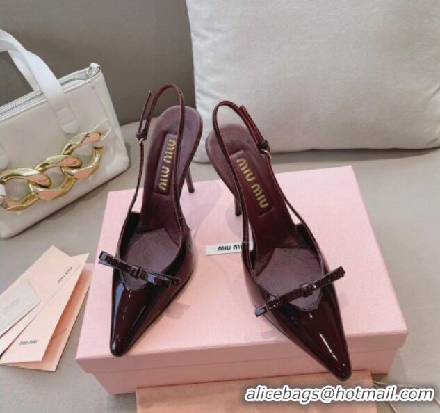 Best Grade Miu Miu Patent Leather Slingback Pumps 10.5cm with Bow Dark Burgundy 129074