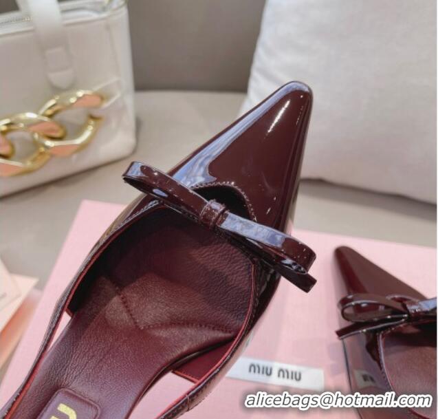 Best Grade Miu Miu Patent Leather Slingback Pumps 10.5cm with Bow Dark Burgundy 129074