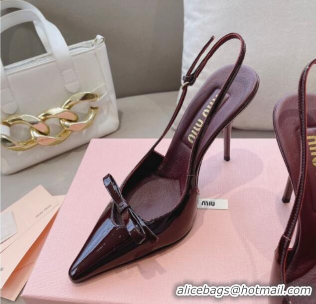 Best Grade Miu Miu Patent Leather Slingback Pumps 10.5cm with Bow Dark Burgundy 129074