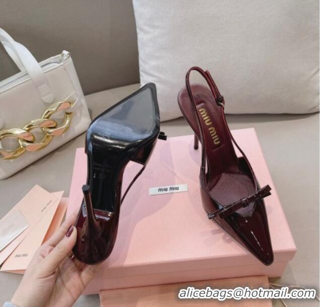 Best Grade Miu Miu Patent Leather Slingback Pumps 10.5cm with Bow Dark Burgundy 129074