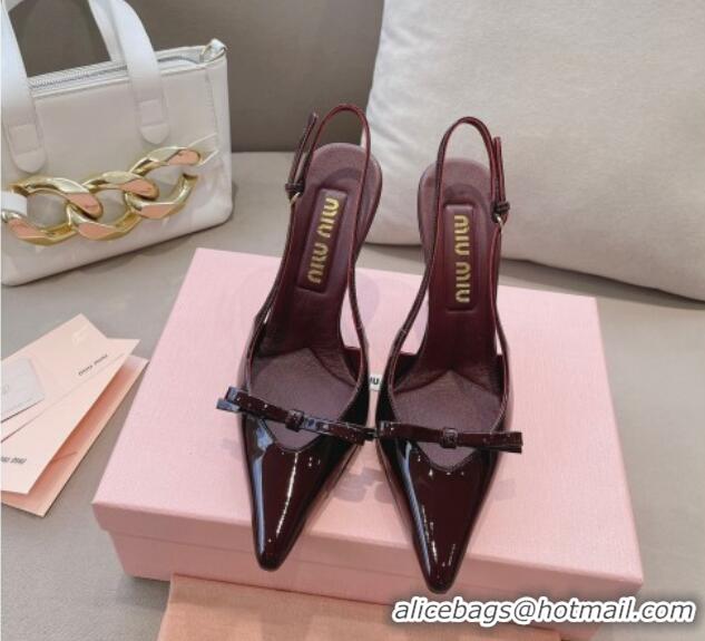 Best Grade Miu Miu Patent Leather Slingback Pumps 10.5cm with Bow Dark Burgundy 129074