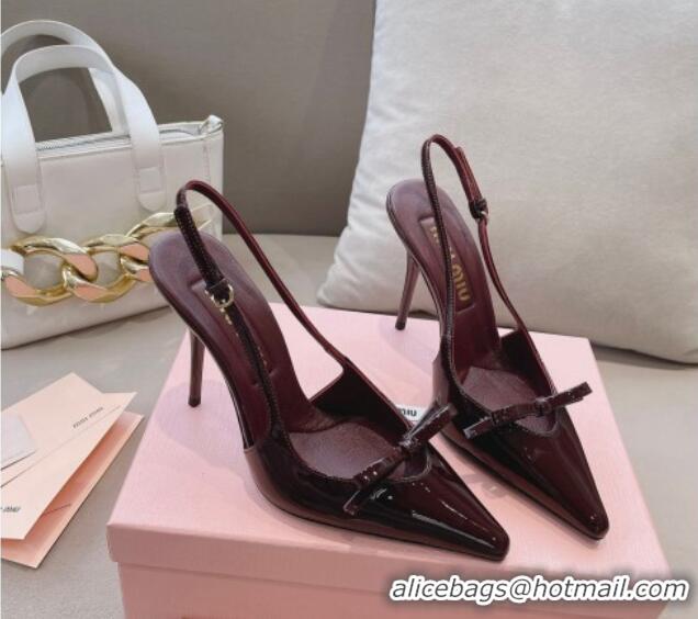 Best Grade Miu Miu Patent Leather Slingback Pumps 10.5cm with Bow Dark Burgundy 129074