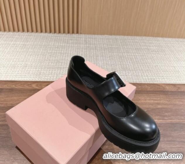 Top Design Miu Miu Leather Mary Janes Ballerinas Black 129089