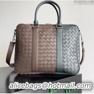 Promotional Bottega Veneta Slim Classic Briefcase Bag in Intrecciato Leather 690702 Grey/Brown 2024