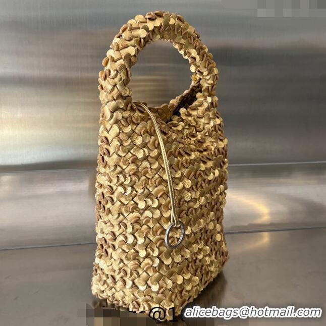 Top Grade Bottega Veneta Small Cabat Bucket Bag in Laminated Intreccio with Leather 762587 Sequins Gold 2024