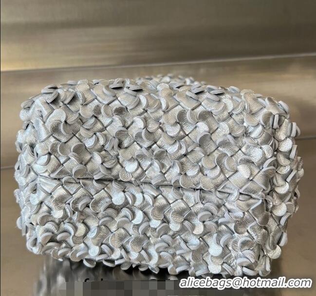 Unique Grade Bottega Veneta Small Cabat Bucket Bag in Laminated Intreccio with Leather 762587 Sequins Silver 2024