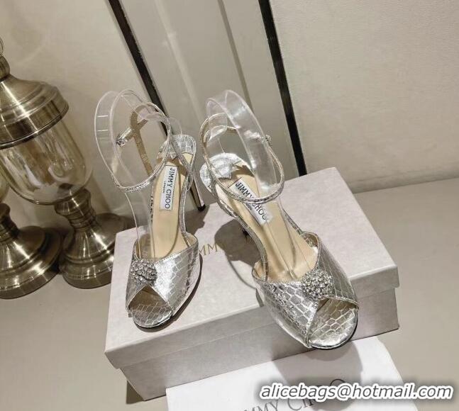 Pretty Style Jimmy Choo Sacora 100 Sandals in Snake Pattern Leather Crystal Ball Embellishment Silver 2411801