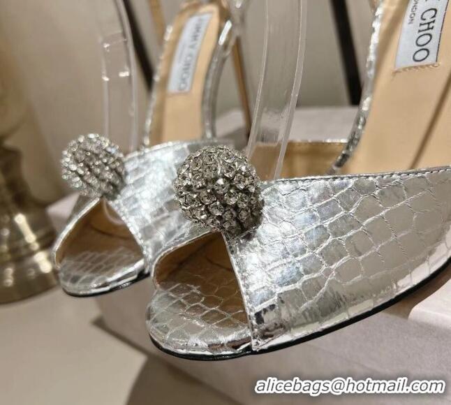 Pretty Style Jimmy Choo Sacora 100 Sandals in Snake Pattern Leather Crystal Ball Embellishment Silver 2411801