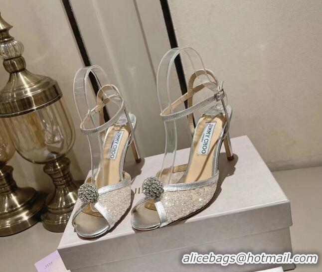 Best Product Jimmy Choo Sacora Sandal 85 in Lace with Crystal Embellishment Silver 011802