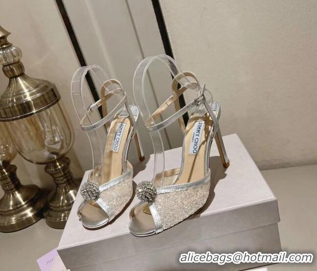 Best Grade Jimmy Choo Sacora Sandal 100 in Lace with Crystal Embellishment Silver 011803