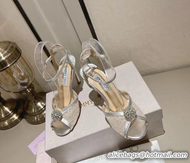 Best Grade Jimmy Choo Sacora Sandal 100 in Lace with Crystal Embellishment Silver 011803