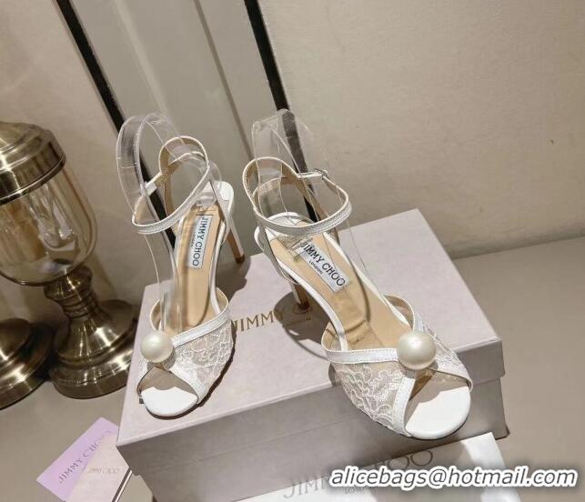 Top Grade Jimmy Choo Sacora Sandal 85 in White Lace with Peal Embellishment 011804