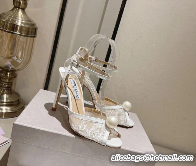 Low Price Jimmy Choo Sacora Sandal 100 in White Lace with Peal Embellishment 4011805