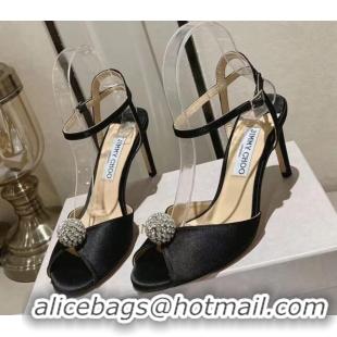 Best Price Jimmy Choo Sacora Sandal 85 in Satin with Crystal Ball Embellishment Black 2411807