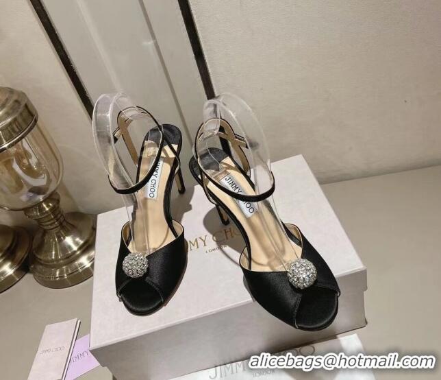 Good Quality Jimmy Choo Sacora Sandal 100 in Satin with Crystal Ball Embellishment Black 2411808