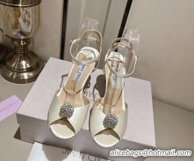 Grade Quality Jimmy Choo Sacora Sandal 85 in Satin with Crystal Ball Embellishment White 411810