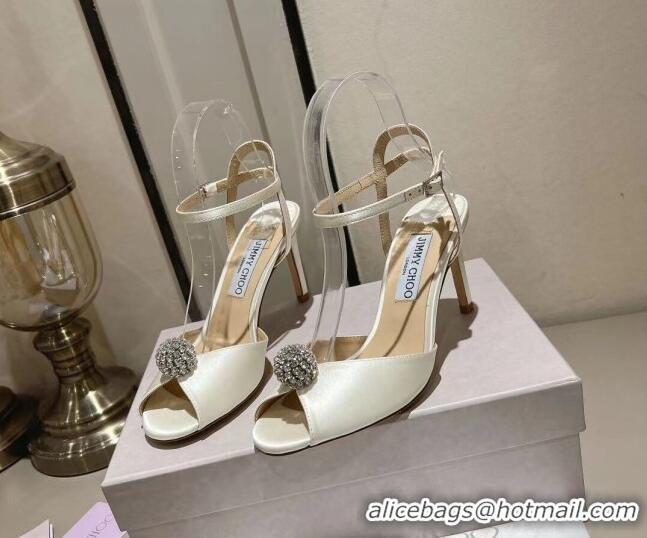 Grade Quality Jimmy Choo Sacora Sandal 85 in Satin with Crystal Ball Embellishment White 411810