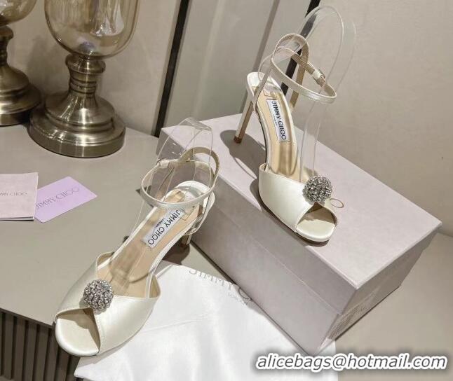 Grade Quality Jimmy Choo Sacora Sandal 85 in Satin with Crystal Ball Embellishment White 411810