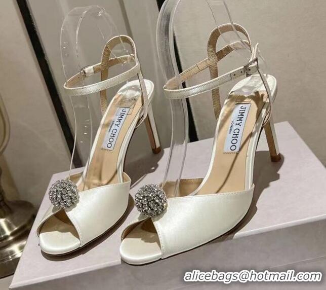 Grade Quality Jimmy Choo Sacora Sandal 85 in Satin with Crystal Ball Embellishment White 411810