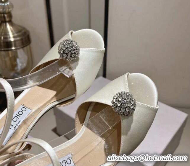 Grade Quality Jimmy Choo Sacora Sandal 85 in Satin with Crystal Ball Embellishment White 411810