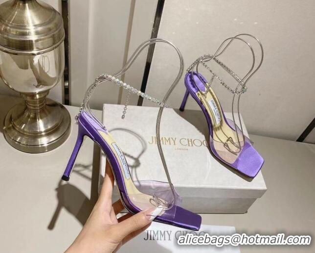 Sophisticated Jimmy Choo Saeda Sandal 85 in Satin and PVC with Crystal Embellishment Purple 411907