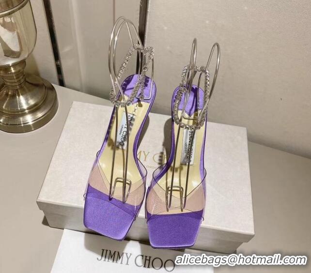 Sophisticated Jimmy Choo Saeda Sandal 85 in Satin and PVC with Crystal Embellishment Purple 411907