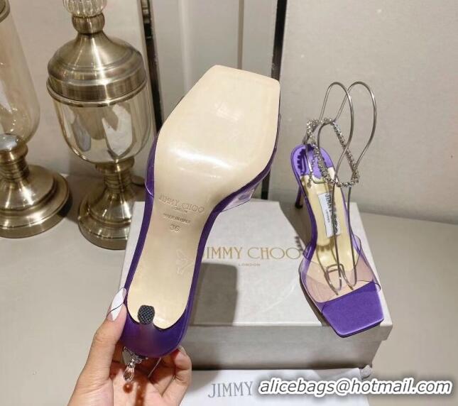 Sophisticated Jimmy Choo Saeda Sandal 85 in Satin and PVC with Crystal Embellishment Purple 411907