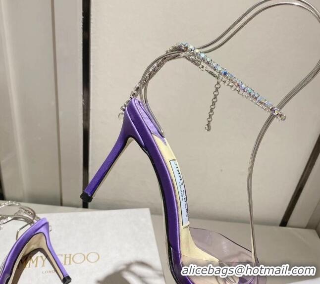 Sophisticated Jimmy Choo Saeda Sandal 85 in Satin and PVC with Crystal Embellishment Purple 411907